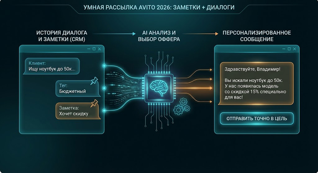 Рассылка сообщений Авито с персонализацией: заметки, диалоги и выбор офферов